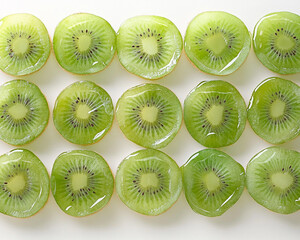 Fototapeta premium Sliced Kiwi Fruit Arranged in a Pattern on White Background