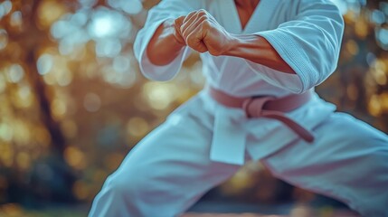 Karate practitioner demonstrates a powerful stance in a tranquil outdoor setting during sunset hours. Generative AI