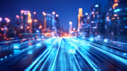 Fototapeta premium A vibrant cityscape illuminated by blue and orange lights, creating a dynamic sense of motion and energy in a futuristic urban setting.