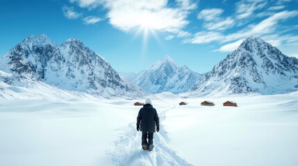 The sunlit view of a snow-covered pathway leading towards rustic wooden cabins, surrounded by snow-capped peaks, inviting warmth in a picturesque alpine setting.