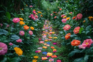 Colorful flower pathway in a lush garden surrounded by vibrant blooms and greenery