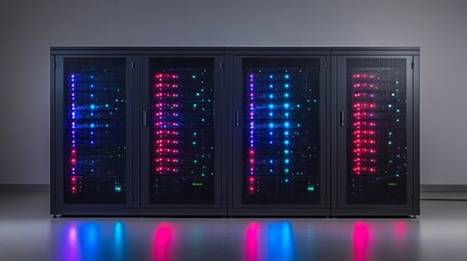 Rows of illuminated server racks display vibrant blue and pink lights, indicating operational status in a high-tech data center at night