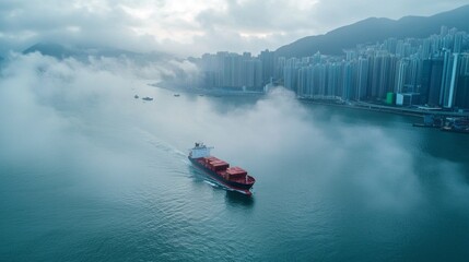 Fototapeta premium As dawn breaks, a cargo vessel glides through the misty waters of a harbor, surrounded by towering buildings and a sense of calmness in the bustling city of Hong Kong