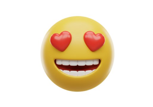 A yellow 3D emoji with heart-shaped eyes and a wide open smile isolated on a white background