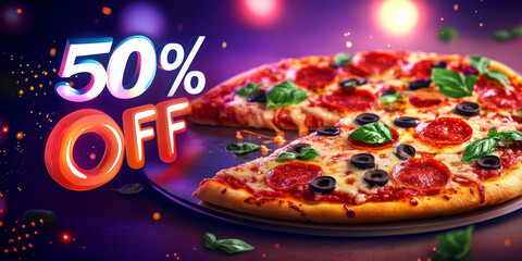 A tempting pizza loaded with pepperoni, olives, and basil sits on a dark platter. Colorful lights create an inviting atmosphere, emphasizing the 50% discount offer