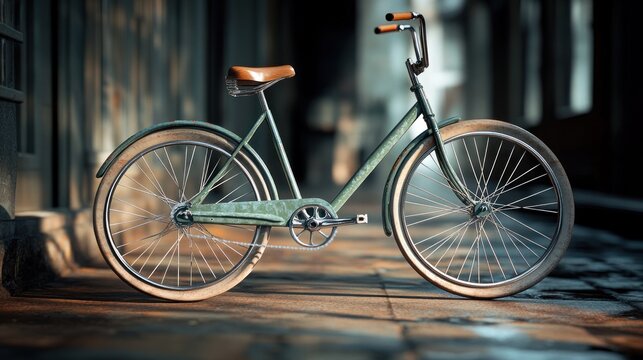Vintage green bicycle parked on cobblestone street during early morning light. Generative AI