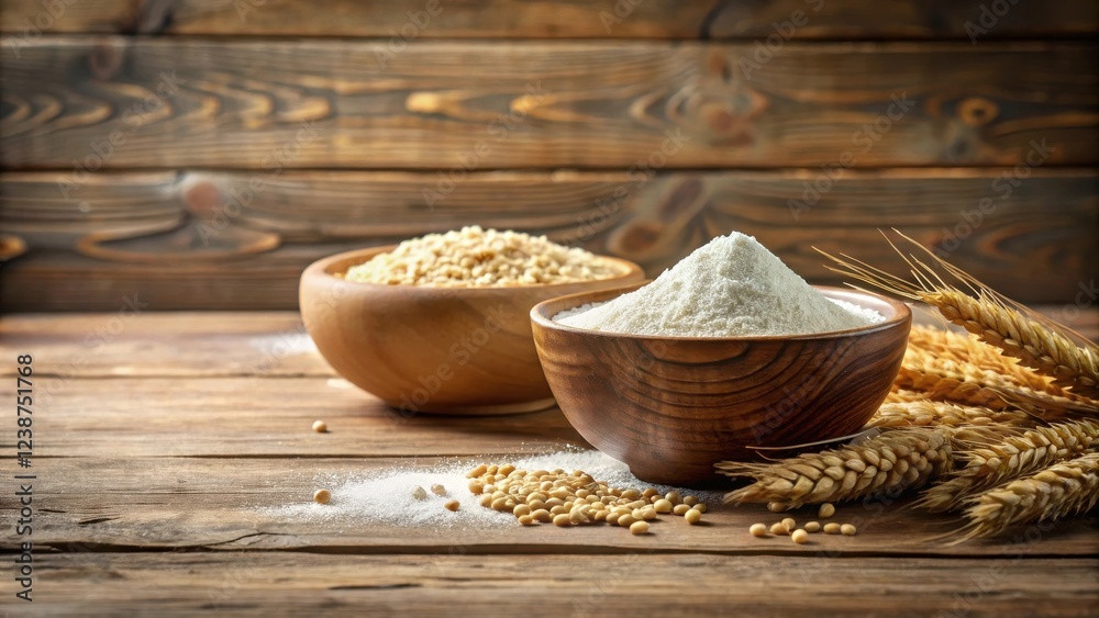 Poster rustic wooden bowls filled with grains and flour, complemented by wheat stalks on a weathered table