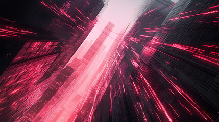 A futuristic cityscape with vibrant red light streaks, conveying a sense of speed and technological advancement.