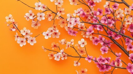 Springtime bloom of pink and yellow flowers on a branch. Ideal for seasonal imagery, nature themes or celebratory occasions.