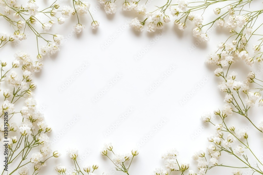Poster fresh white flowers arranged in a circular pattern on a white background