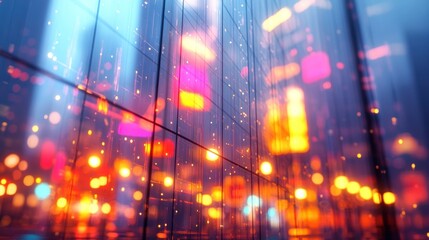 Fototapeta premium Vibrant reflections of neon lights on skyscraper glass during a bustling urban evening. Generative AI