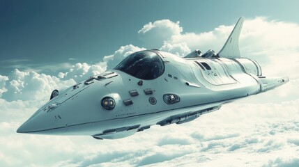 Fototapeta premium Futuristic spaceship soaring through clouds in a majestic sky setting