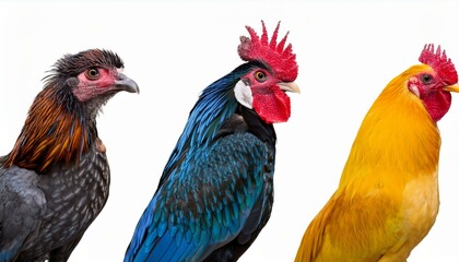 Naklejka premium the blue chicken is at the left the yellow fowl is in the center and the purple chook is at the proper three naped amazon on isolate background generative ai example