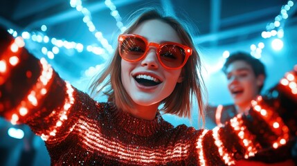 A happy young woman wearing bright sunglasses and a sparkling sweater joyfully engages in a festive party atmosphere surrounded by colorful lights and enthusiastic energy.