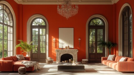 Elegant living room with orange walls and natural light featuring plush sofas and fireplace