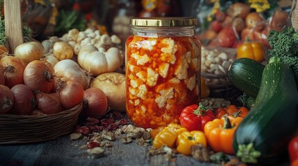 Variety of fresh produce and home-made pickles in a jar, ready for preservation.