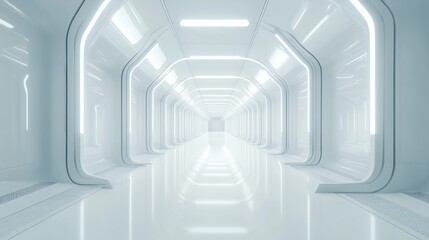 Fototapeta premium White Futuristic Corridor With Glowing Lights Leading Into The Infinite Distance Perspective
