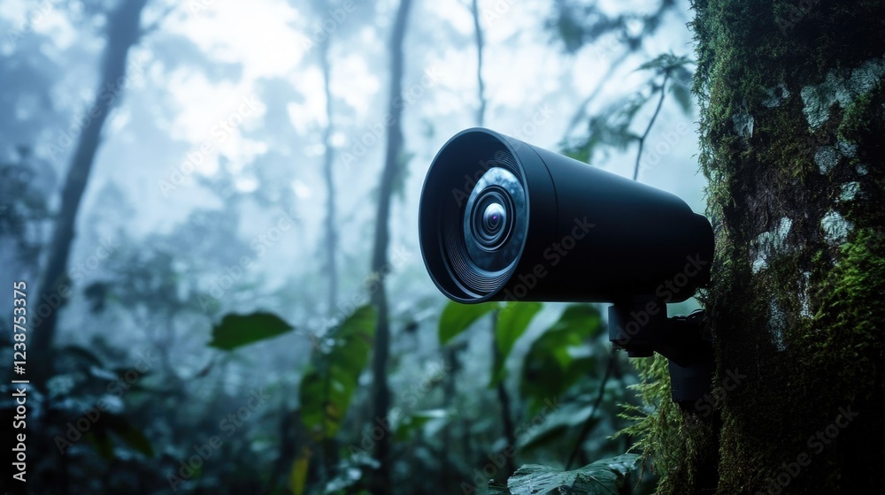 Poster A camera is mounted on the side of a tree in a forest, capturing the surrounding environment