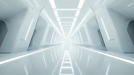 Obraz premium White Futuristic Corridor with Light Panels and Reflective Floor Leading to Bright Opening