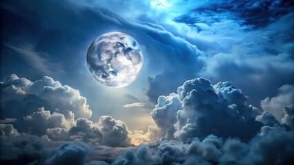 Lunar Glow Amidst Dark Storm , atmospheric night sky with glowing moon behind stormy clouds, lunar illumination