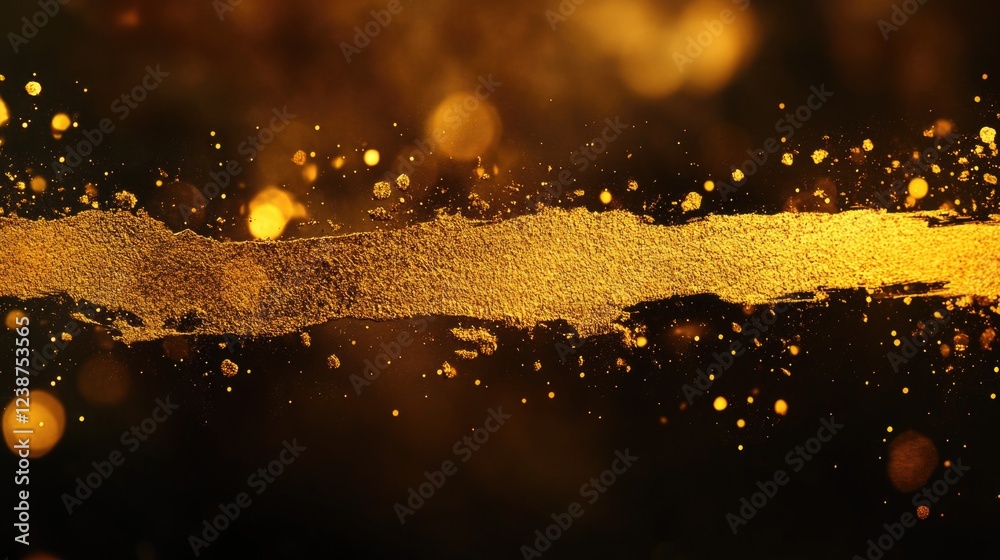 Poster a close-up view of gold paint splattered on a dark background, great for abstract art or design conc