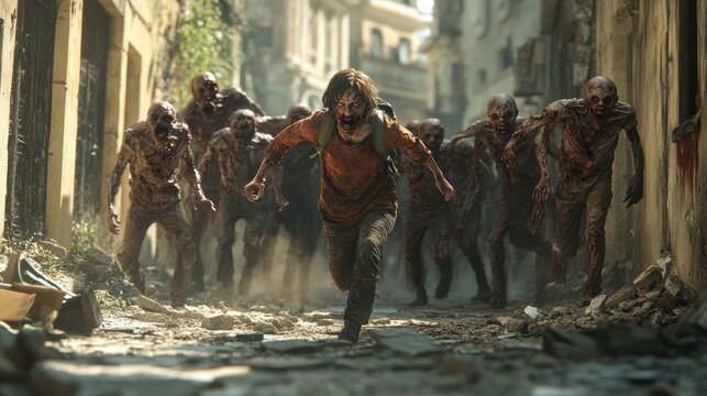 Survivor fleeing from a horde of zombies in a deserted urban environment during daylight. Generative AI