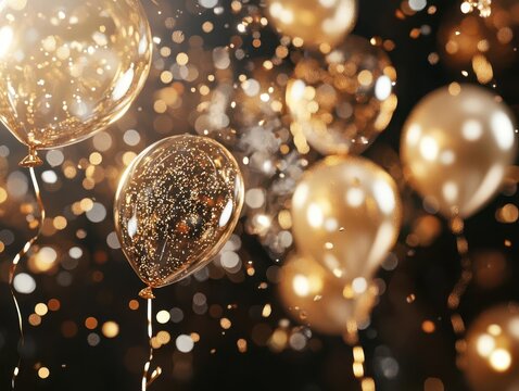luxurious celebration scene with cascading gold champagne bubbles, floating metallic balloons, and crystalline prisms catching light