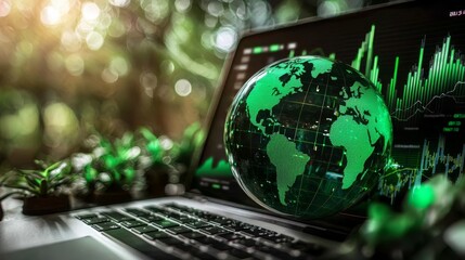 The screen showcases a stock chart reflecting green business trends. 