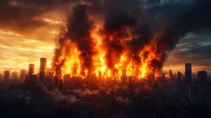 This dramatic image captures a massive inferno engulfing urban structures, illustrating the fierce nature of fire against a backdrop of a dimly lit city at dusk.