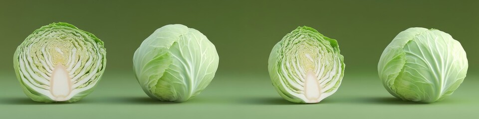 Fototapeta premium Freshly cut cabbages on a green surface, ideal for food and still life photography