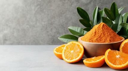 A rustic composition featuring rich orange powder alongside juicy orange slices, set against a...