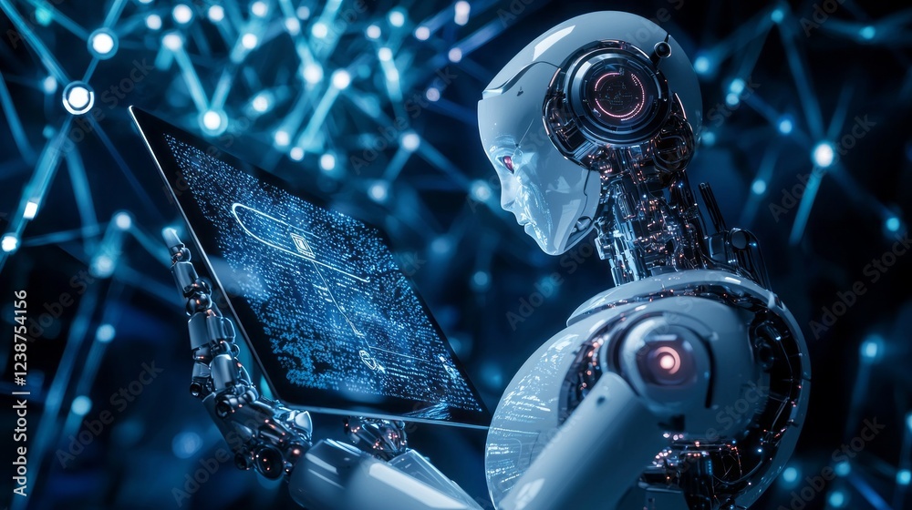 Poster a sleek robot interacts intently with a glowing tablet, surrounded by a web of bright digital connec