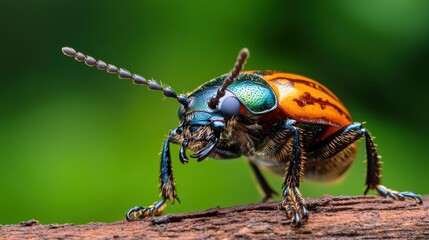 Naklejka premium A vibrant beetle showcases a blend of colors and intricate details in a close-up view, demonstrating nature's artistry and the fascinating world of insects.