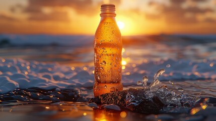 Plastic Bottle on Ocean Shore with Dramatic Sunset Reflections, Water Splash, and Golden Light Capturing Environmental ConcernsPlastic pollution