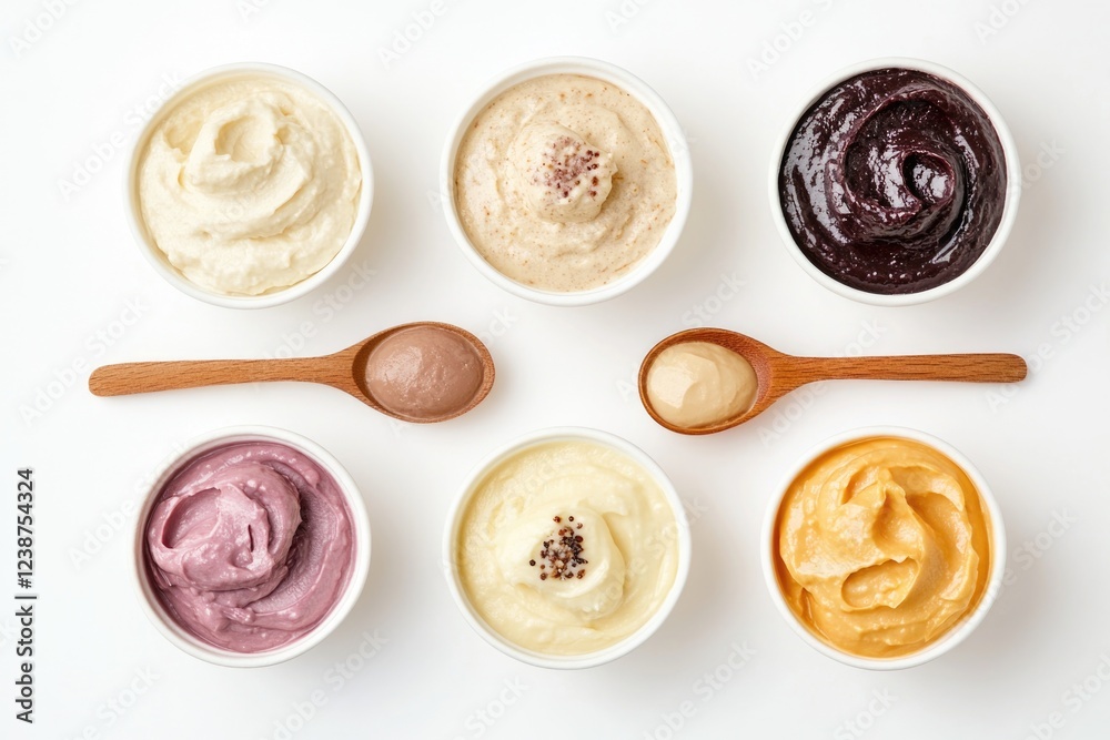 Poster a variety of small bowls with different ice cream flavors, perfect for showcasing a range of dessert