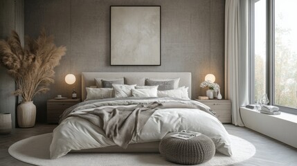 Cozy modern bedroom with neutral tones and elegant decor featuring large windows and soft lighting