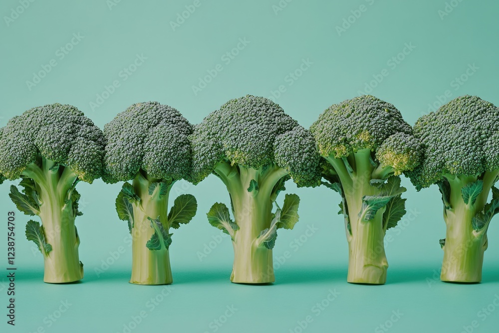 Poster Close-up of a row of fresh broccoli on a green background
