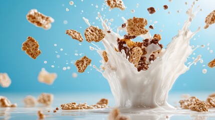 Obraz premium A dynamic spectacle of cereal jumping into a splash of milk, capturing the joyful chaos of breakfast and the delightful contrast of textures and flavors.
