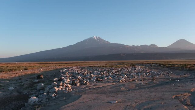 Mountain Big Ararat and Mount Little Ararat at dawn, view from the Turkish side