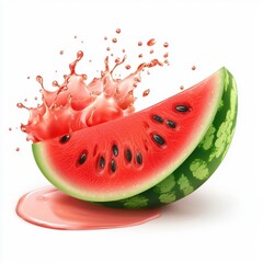 Freshly Sliced Watermelon with a Splash of Juice Droplets, Isolated on White Background