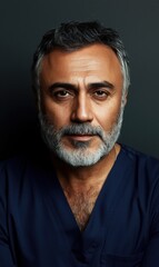Fototapeta premium A man with a beard and gray hair is wearing a blue shirt and a white lab coat