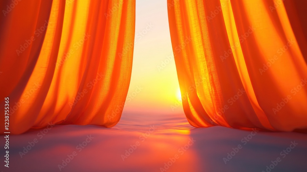 Poster a picture of a sunset with orange curtains in the background, ideal for use in images about evening 