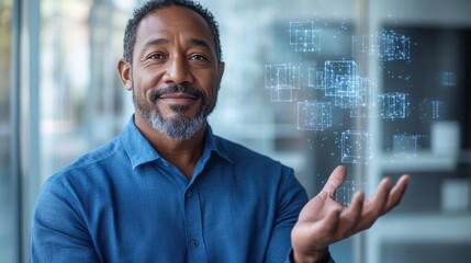 A man is holding a blue shirt and smiling