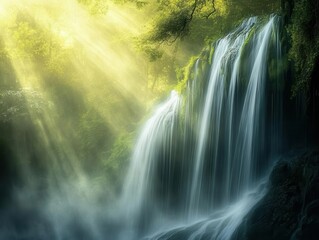 Obraz premium majestic cascading waterfall in misty valley, emerald rainforest canopy, dramatic morning light, ethereal atmosphere