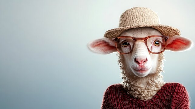 A humorous and quirky portrait of a stylish sheep wearing glasses and a hat, representing a playful take on farm animals and adding a touch of personality to the scene.