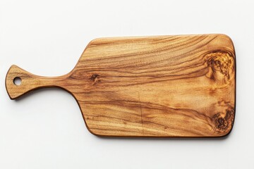 A wooden cutting board placed on a clean and simple white surface, ideal for food preparation or cooking demonstrations