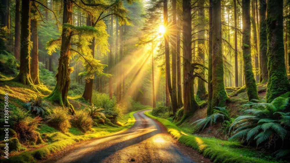 Poster sunlit forest path a winding road through lush greenery and moss-covered trees at dawn