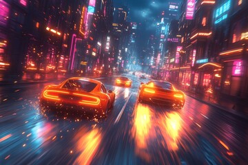 Cyberpunk city night, speeding cars, neon lights, rain, futuristic