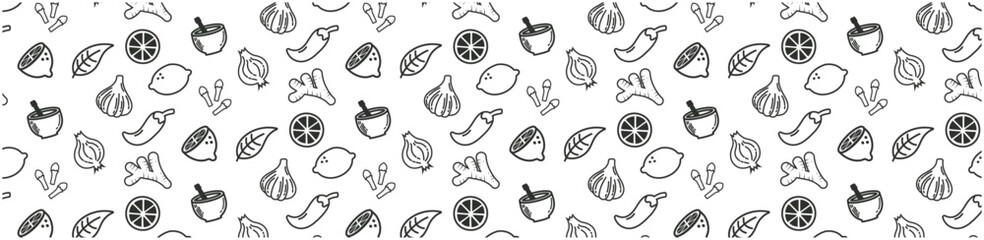 spice seamless pattern background onion garlic ginger, lemon doodle hand drawing