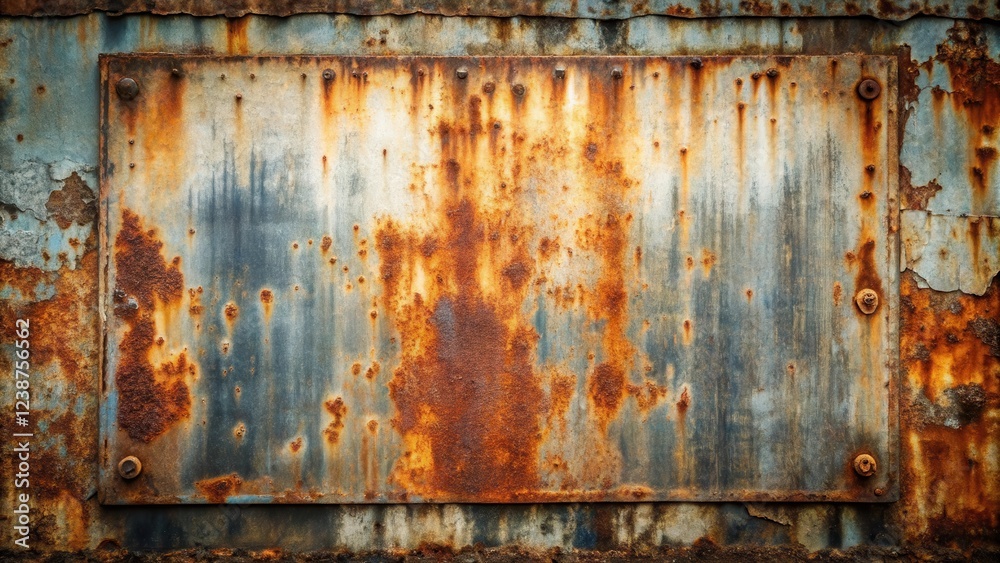 Poster Rustic Weathered Metal Panel with Extensive Rust and Corrosion Showing Texture and Age